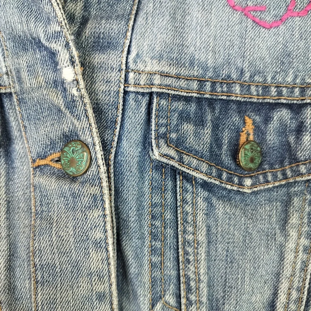Gap Denim Jacket XL Girls Embroidered Floral Dragonfly Distressed